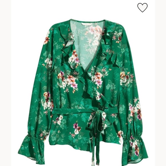 H&M Floral Ruffle Tie Up Blouse Green Floral Size 12 - Picture 9 of 9